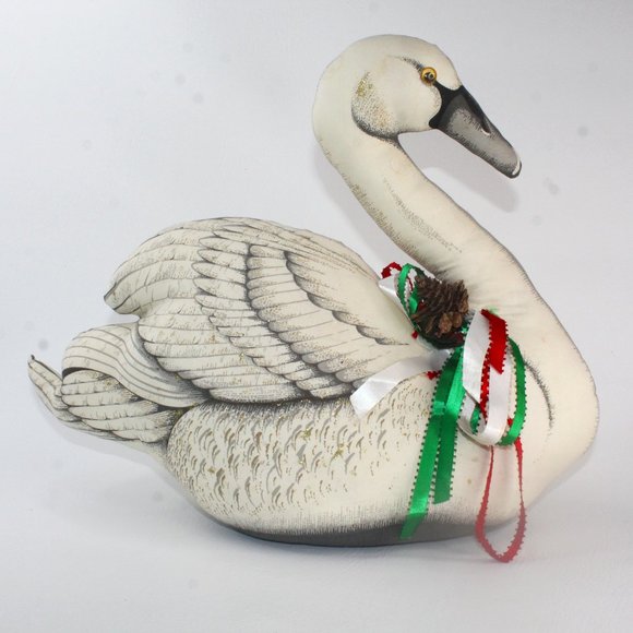 unbranded Other - Vintage Stuffed Printed Fabric Christmas White Swan Pillow With Embellishments